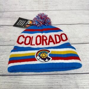Atomic Child Colorado‎ Beanie Blue Pom Knit Cap Striped Winter Hat